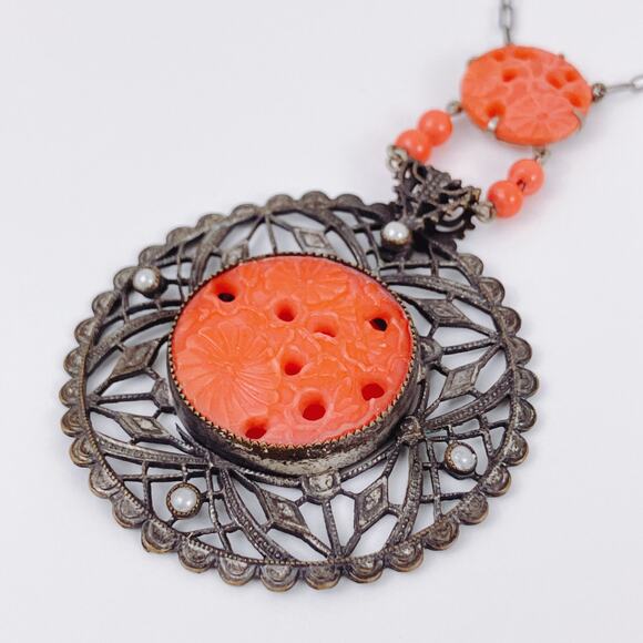 VTG Art Deco Peking Glass Style Red Glass 1920s-1930s Filigree Necklace Pendant - Picture 15 of 16